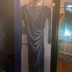 Bluish grey long sleeve slit suede gown